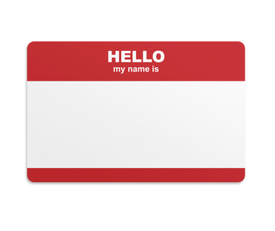 Red and white name badge with the word 'hello'
