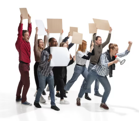 People with placards protesting on a white background