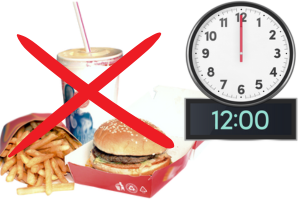 Take away food of burger, chips and drink with a red cross them and a clock set to 12