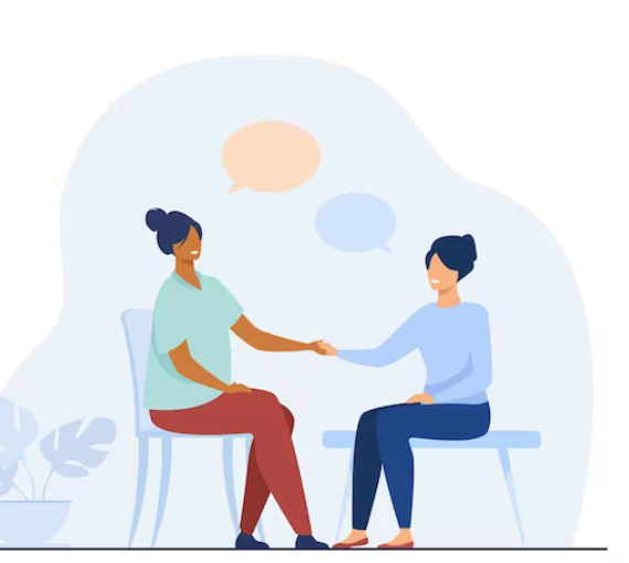 Two people sitting opposite each other, holding hands with speech bubbles  over their heads