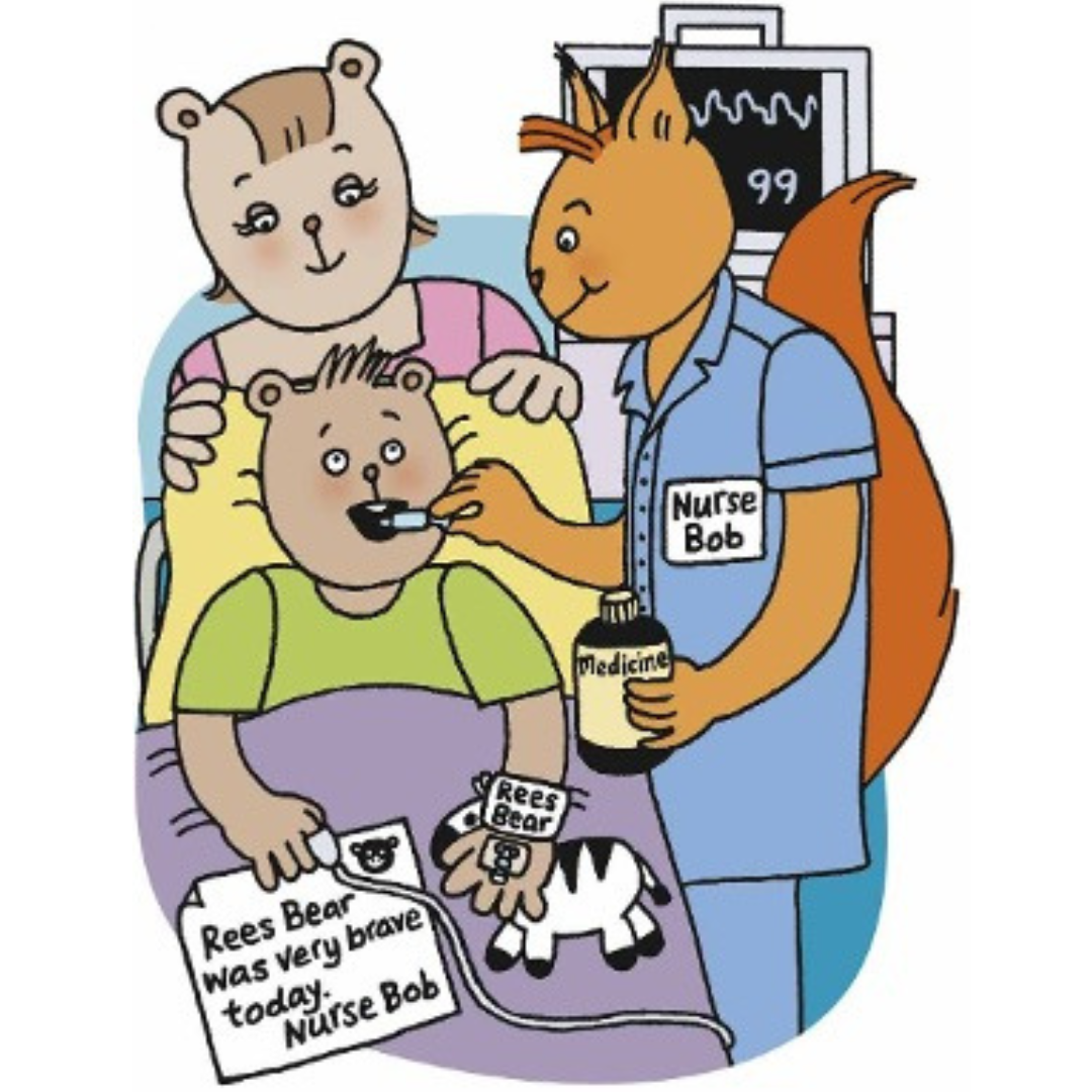Cartoon Rees Bear being given medicine by Nurse Bob squirrel 
