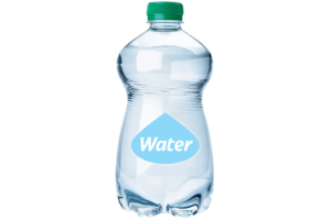 Clear plastic bottle with a green lid, and a blue label stating 'water'