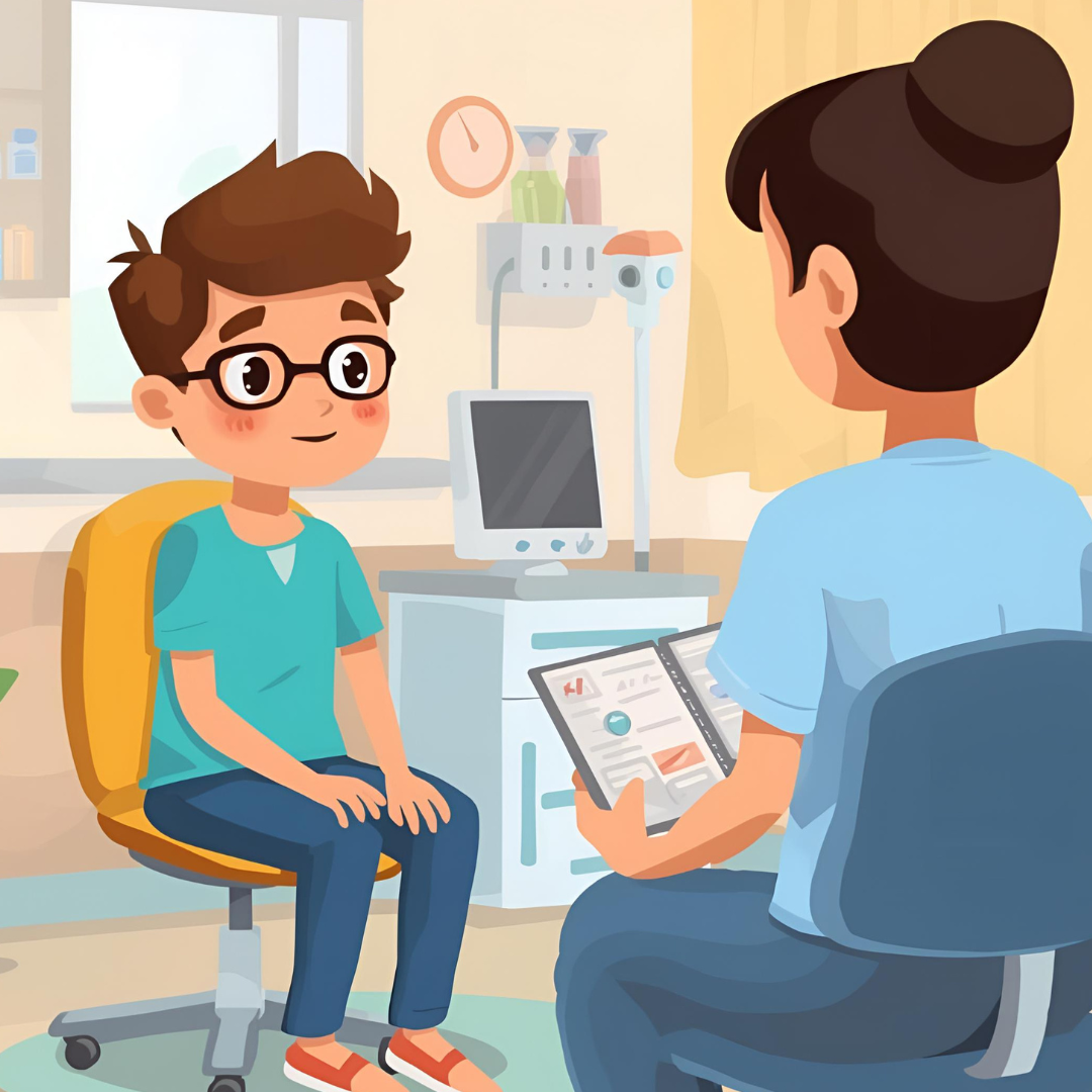 A friendly cartoon-style hospital consultation room of a counselling session The teen being counselled is wearing glasses and looking calm. 