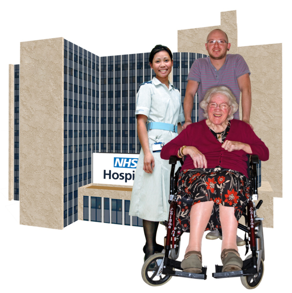 A nurse standing next to a carer standing behind a patient in a wheelchair; behind them is an illustration of a hospital.