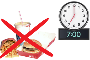Take away food of burger, chips and drink with a red cross them and a clock set to 7