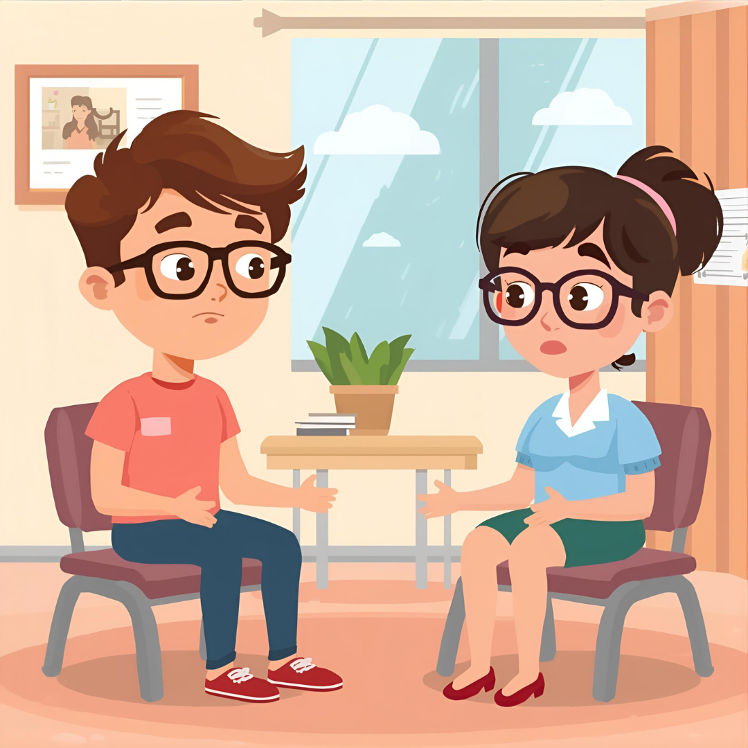 A friendly cartoon-style hospital consultation room of a counselling session The adult is wearing glasses and speaking with a counsellor