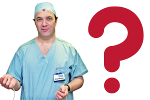 Male consultant wearing surgical scrubs next to a large red illustration question mark