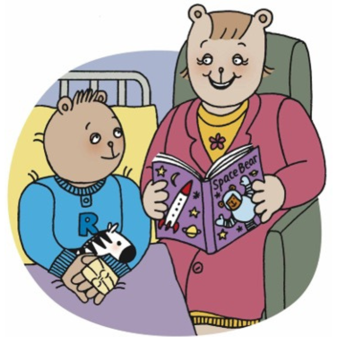 Cartoon Rees Bear in a hospital bed with Mama Bear reading to him