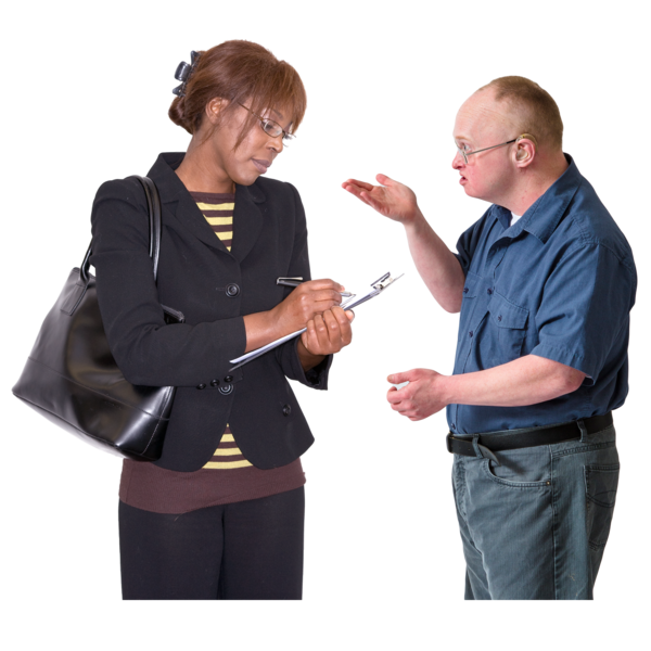 Two people facing each other one in a suit holding a clipboard and the other in casual clothes gesturing with their hands