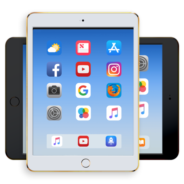 White ipad in portrait position on top of a black ipad in landscape position