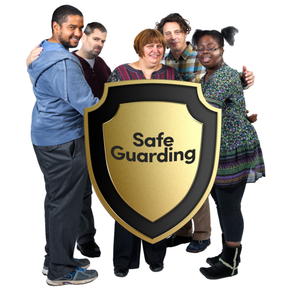 Five people standing close together with a gold and black shield with safe guarding written on it. 