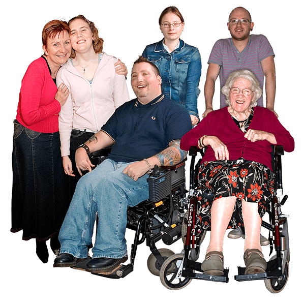 Group of six people, two sitting in wheelchairs